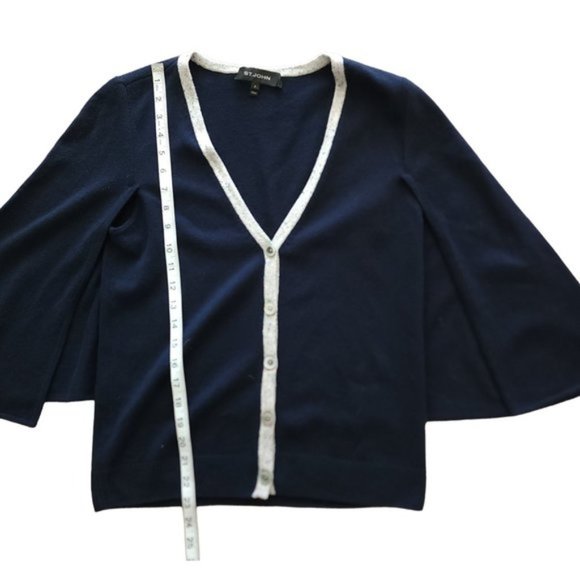 St. John 100% Cashmere navy cape twinset with grey speckled trim - Picture 11 of 14